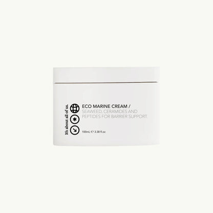 dulcie Eco Marine Cream in a white compostable jar featuring seaweed, ceramides, and peptides for skin barrier support.