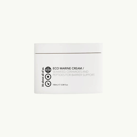 dulcie Eco Marine Cream in a white compostable jar featuring seaweed, ceramides, and peptides for skin barrier support.