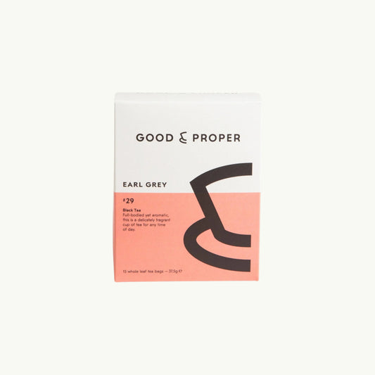 BRiMM Good & Proper Earl Grey black tea bag box with a minimalist white and peach design