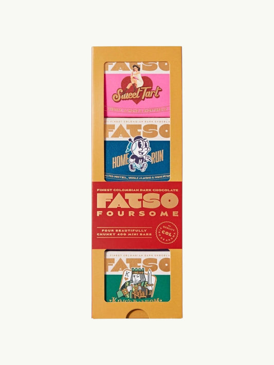 BRiMM Foursome Gift Box featuring four chunky dark chocolate bars with unique retro-style illustrated packaging.