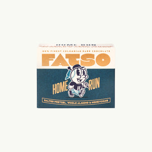 FATSO Mini Home Run 40g dark chocolate bar with salted pretzel, almond, and honeycomb in a blue and cream wrapper.