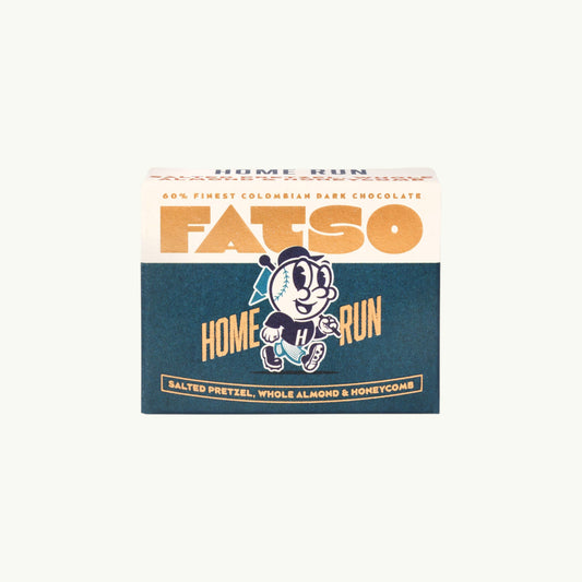 FATSO Mini Home Run 40g dark chocolate bar with salted pretzel, almond, and honeycomb in a blue and cream wrapper.