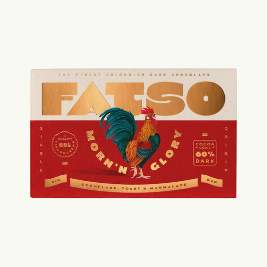 Fatso Morn'n Glory 60% dark Colombian chocolate bar with cornflake, toast, and marmalade flavor in red packaging.