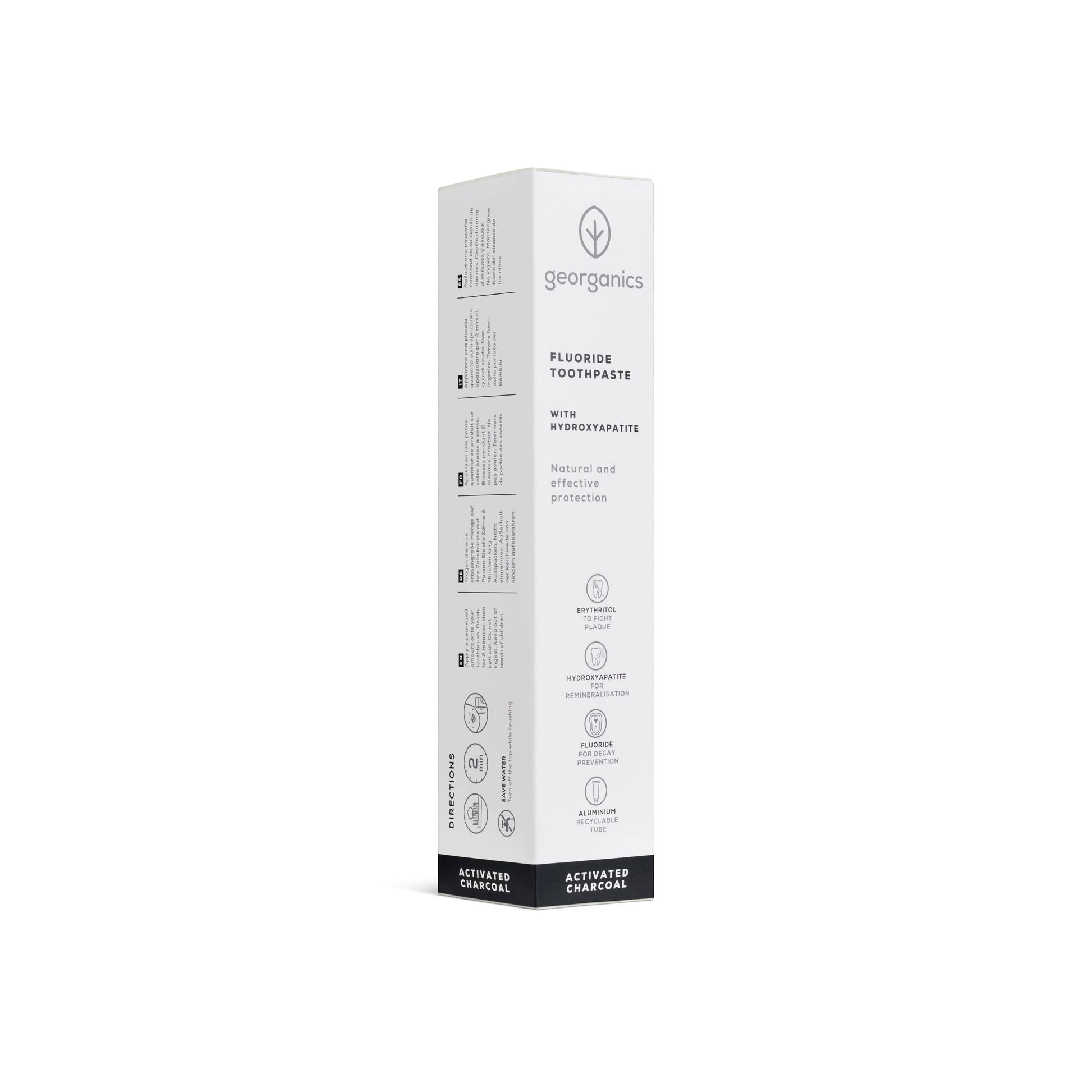 georganics activated charcoal toothpaste tube with hydroxyapatite and fluoride in white recyclable aluminum packaging