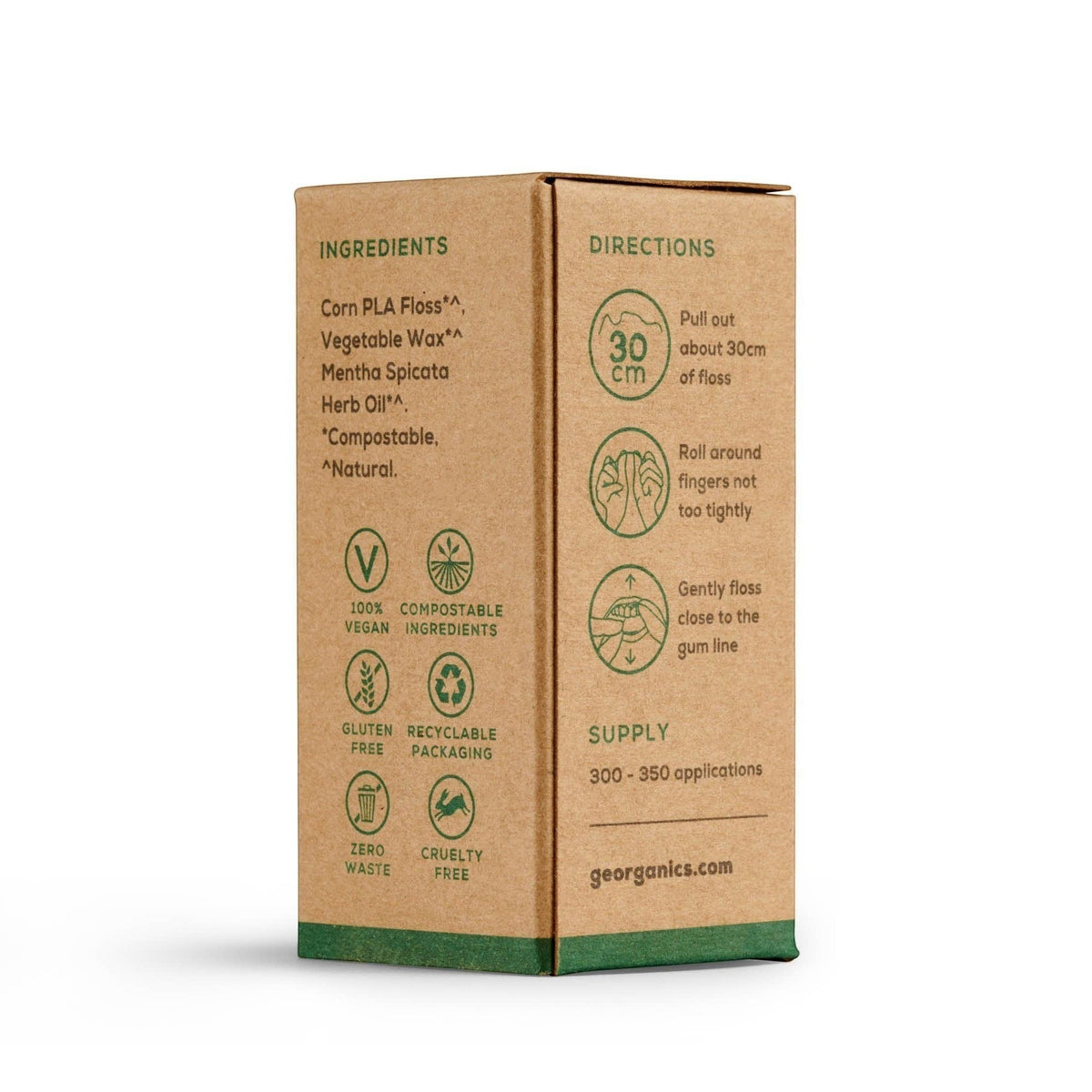 georganics dental floss packaging side view showing ingredient list, usage directions, and vegan certification icons.