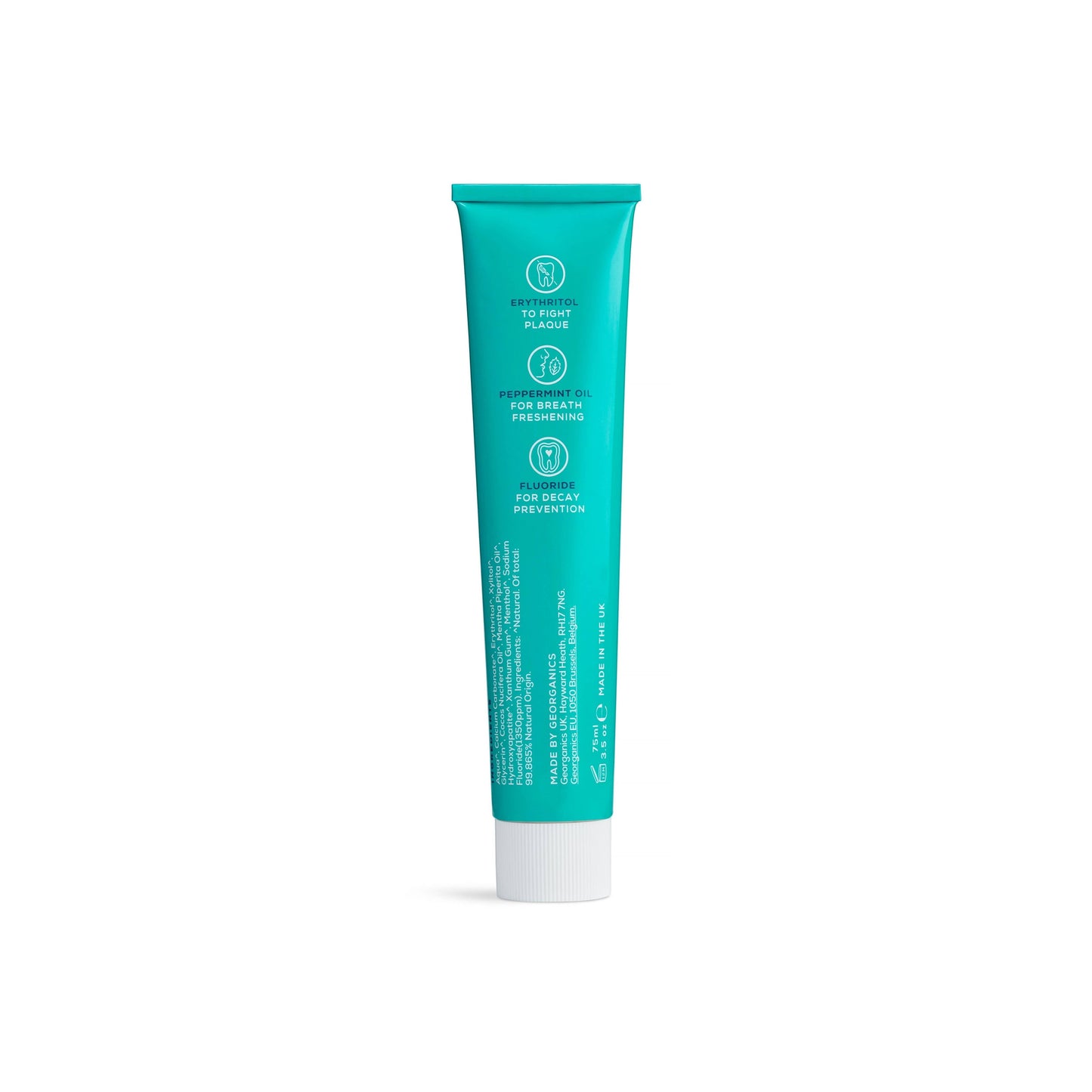 georganics fresh mint toothpaste tube with hydroxyapatite and fluoride, featuring plaque-fighting erythritol and peppermint