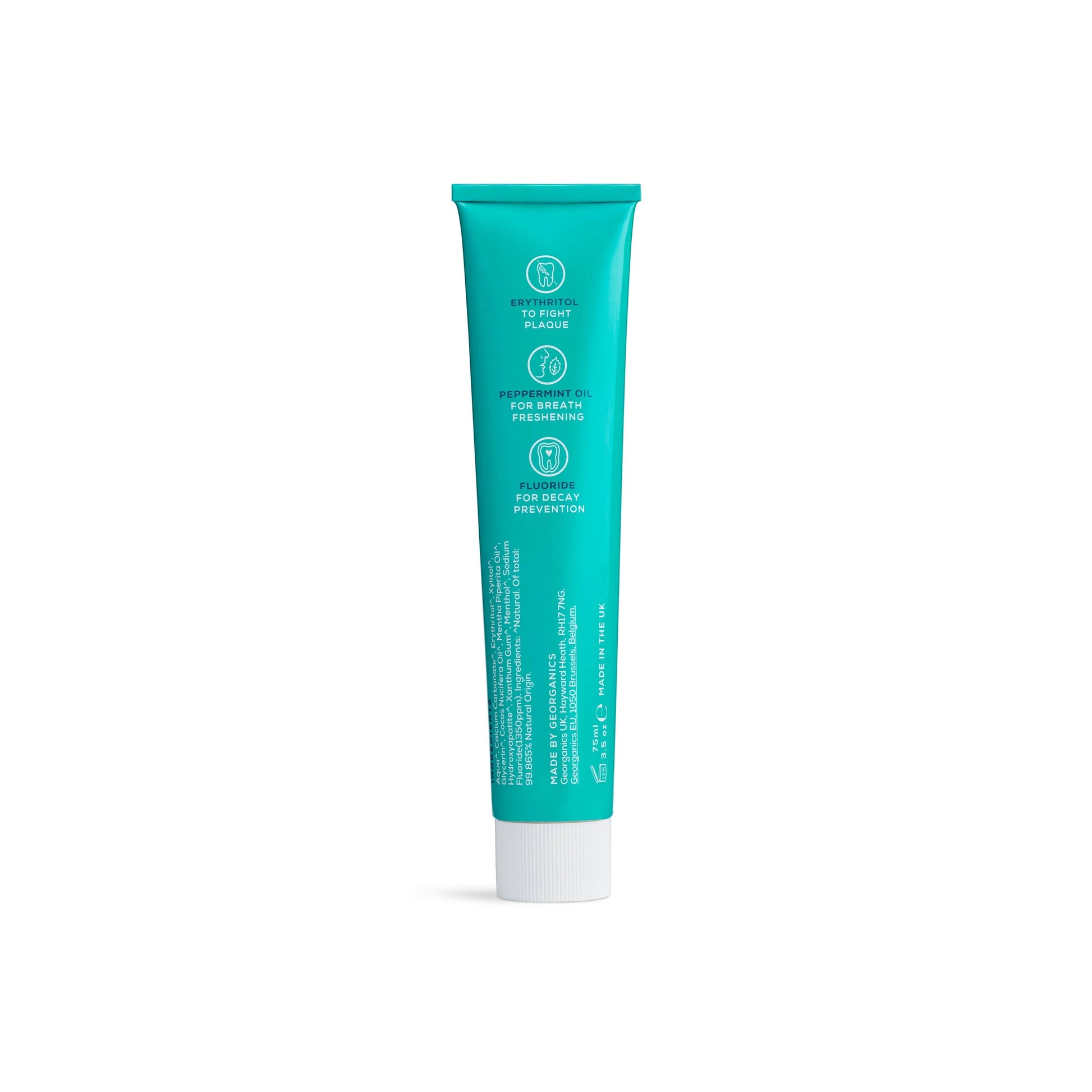 georganics fresh mint toothpaste tube with hydroxyapatite and fluoride, featuring plaque-fighting erythritol and peppermint