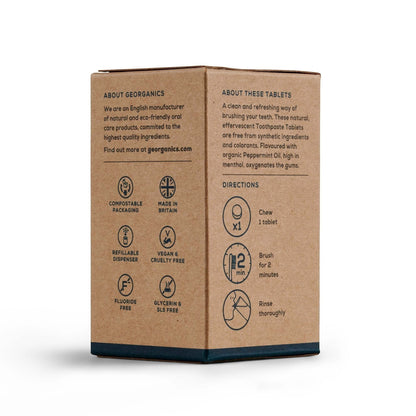 georganics Mineral Toothtablets cardboard packaging with product information, icons, and usage instructions
