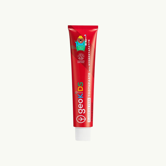 georganics geoKIDS fluoride-free strawberry toothpaste tube with hydroxyapatite for children