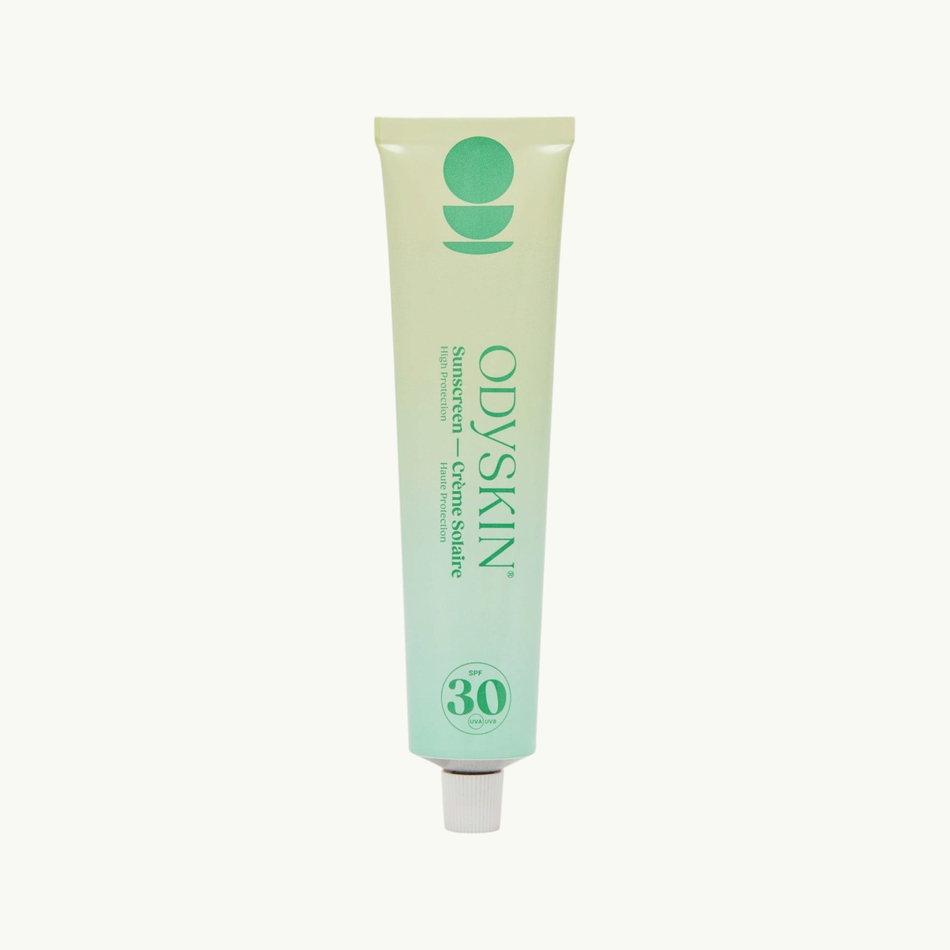 odyskin SPF 30 mineral sunscreen in a green gradient tube with zinc oxide for daily sun protection