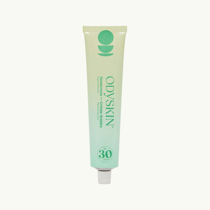 odyskin SPF 30 mineral sunscreen in a green gradient tube with zinc oxide for daily sun protection
