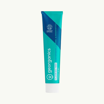 Georganics fluoride-free peppermint prebiotic and probiotic toothpaste in a recycled aluminium tube.