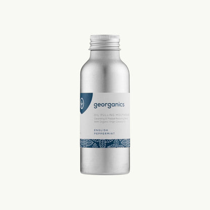 Georganics natural oil pulling mouthwash in a 100ml recyclable aluminium bottle with peppermint flavour.