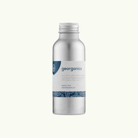 Georganics natural oil pulling mouthwash in a 100ml recyclable aluminium bottle with peppermint flavour.