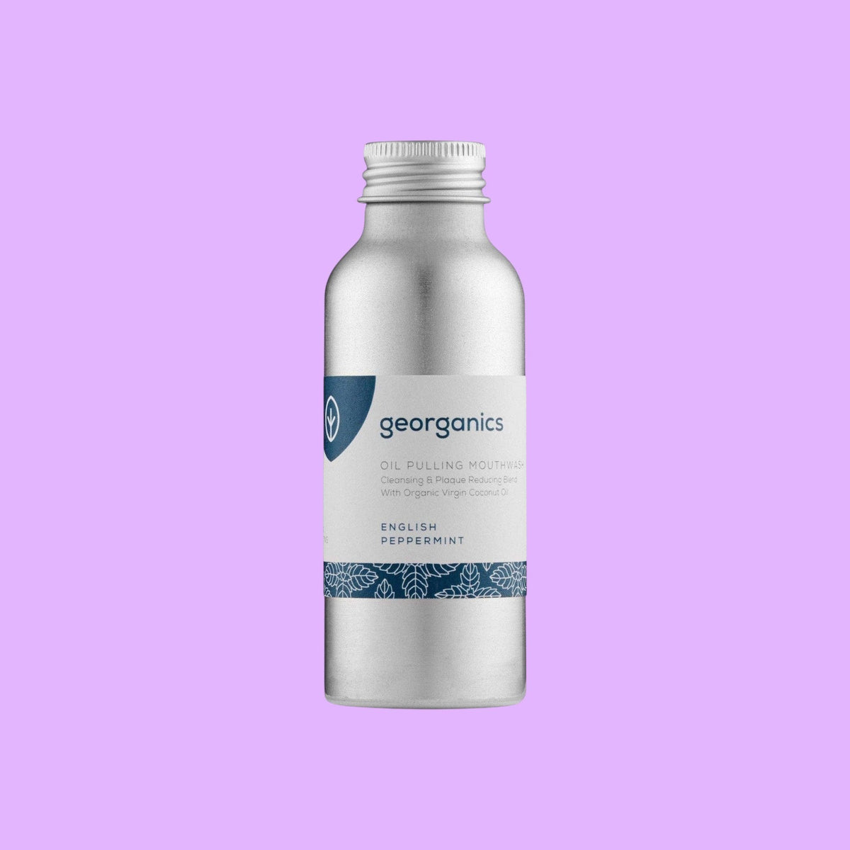 Georganics natural oil pulling mouthwash in a recyclable aluminium bottle with peppermint flavour.