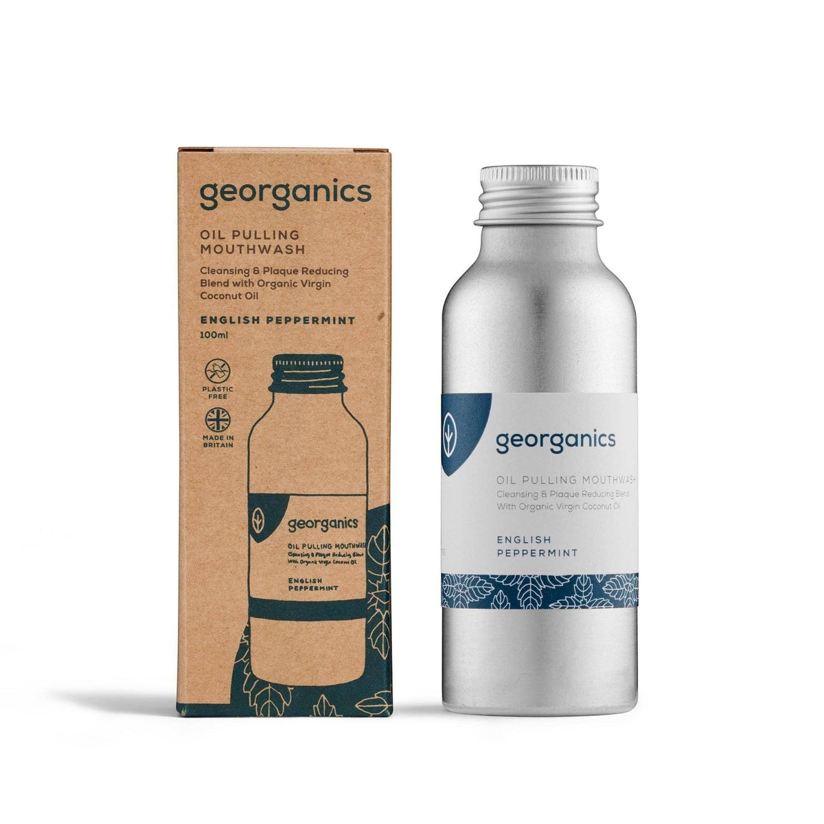 Georganics peppermint oil pulling mouthwash in a recyclable aluminium bottle with matching cardboard box