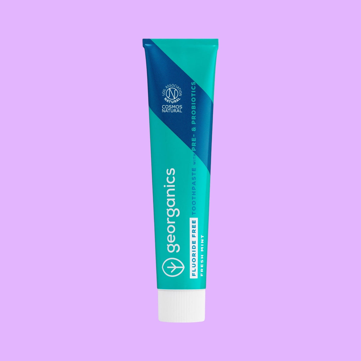Georganics fluoride-free peppermint prebiotic and probiotic toothpaste in a recycled aluminium tube.