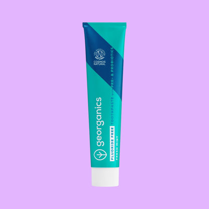 Georganics fluoride-free peppermint prebiotic and probiotic toothpaste in a recycled aluminium tube.