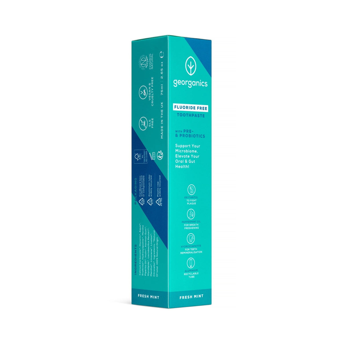 Georganics fluoride-free peppermint prebiotic and probiotic toothpaste in a recyclable teal aluminium tube.