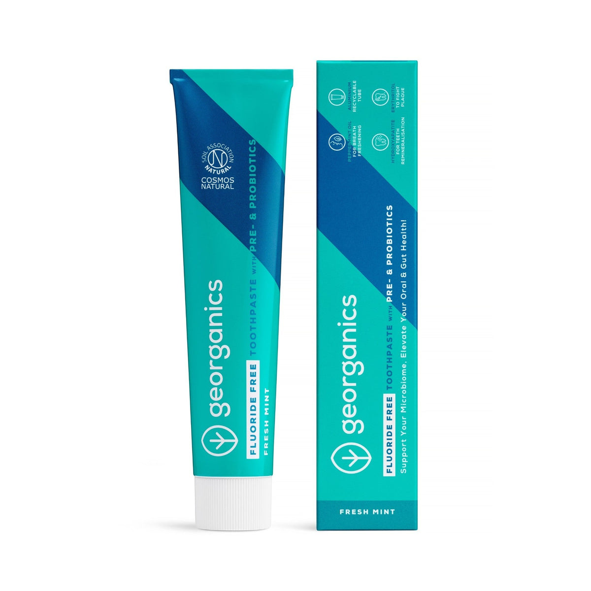Georganics fluoride-free peppermint prebiotic and probiotic toothpaste in a recyclable aluminium tube and box.
