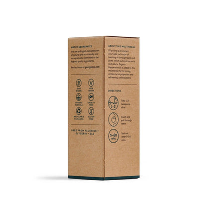 georganics natural oil pulling mouthwash in a recyclable cardboard box with instructions and ingredient benefits listed.