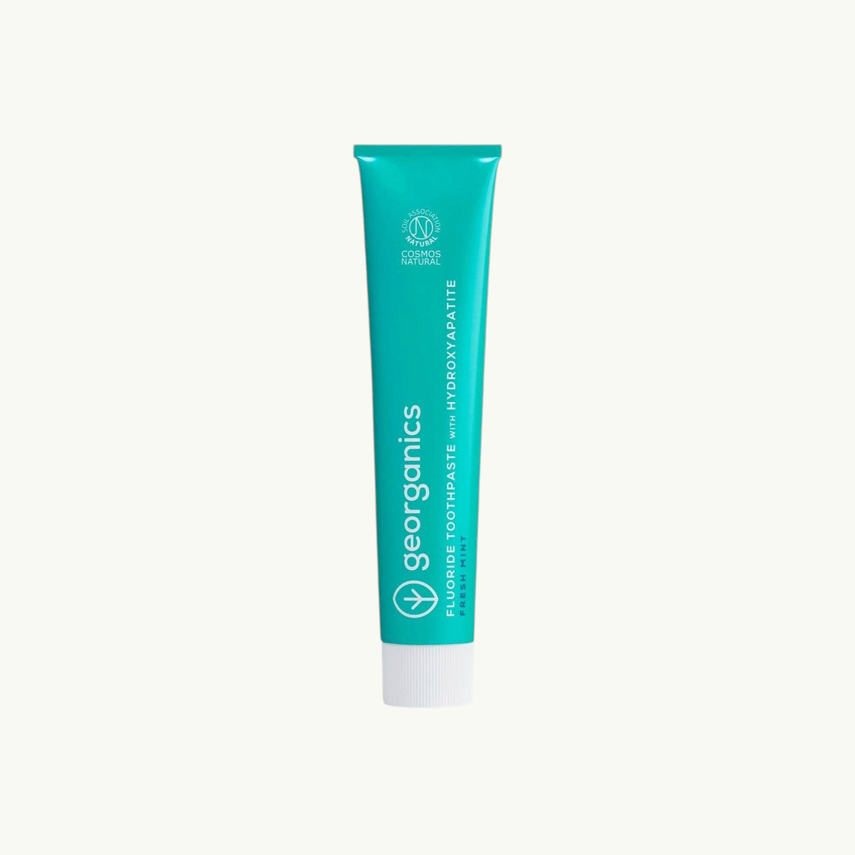 Georganics fresh mint toothpaste tube with hydroxyapatite and fluoride for gentle enamel polishing