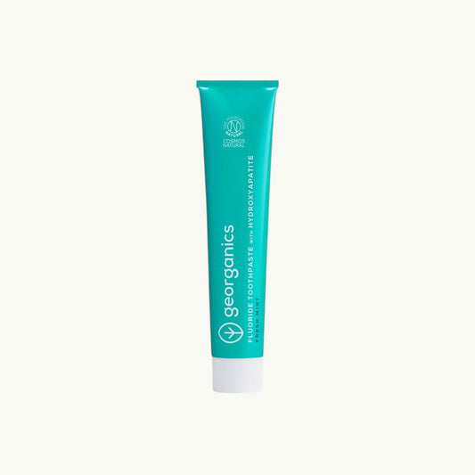 Georganics fresh mint toothpaste tube with hydroxyapatite and fluoride for gentle enamel polishing