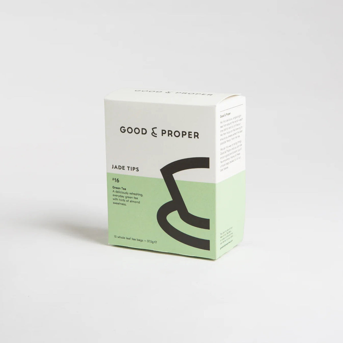 Good and Proper Tea Jade Tips green tea box featuring a minimalist white and light green design with 15 compostable tea bags