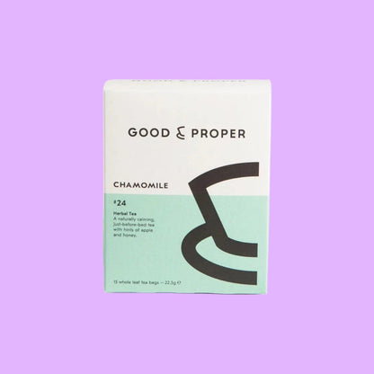 Good & Proper Tea Chamomile herbal tea box with white and mint green packaging containing 15 compostable tea bags