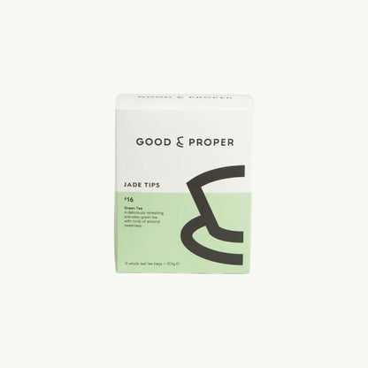 Good and Proper Tea Jade Tips green tea box featuring minimalist white and pale green packaging with almond sweetness notes