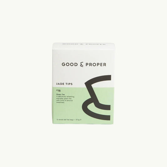 Good and Proper Tea Jade Tips green tea box featuring minimalist white and pale green packaging with almond sweetness notes
