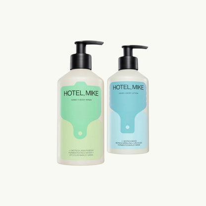 Hotel, Mike's hand and body wash and lotion duo in sustainable aluminium pump bottles with minimalist labels.