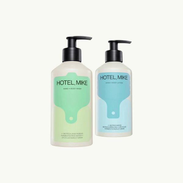 Hotel, Mike's hand and body wash and lotion duo in sustainable aluminium pump bottles with minimalist labels.