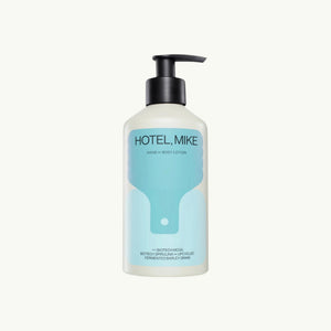 Hotel, Mike hand and body lotion in a sustainable aluminium bottle with a black pump dispenser.
