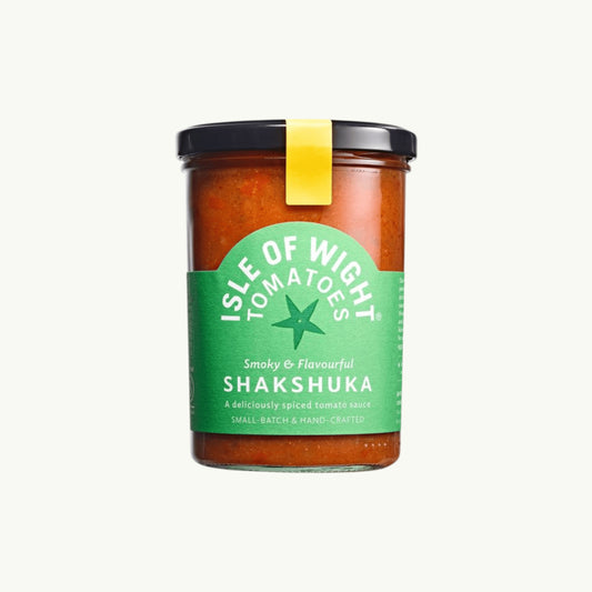 Isle of Wight Tomatoes Shakshuka Tomato Sauce in a glass jar with a green label and black lid