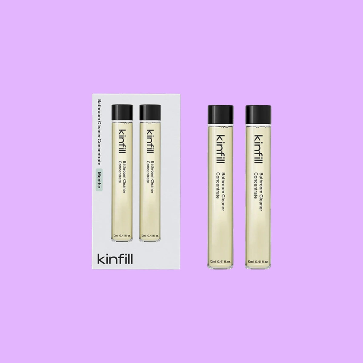 Kinfill bathroom cleaner refill vials in Menthe scent, concentrated biodegradable solution for glass and tile, shown from a different angle.
