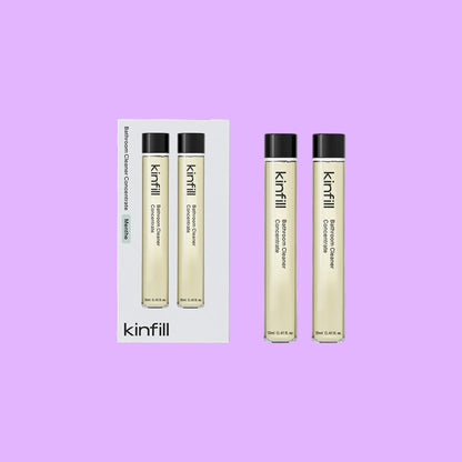 Kinfill bathroom cleaner refill vials in Menthe scent, concentrated biodegradable solution for glass and tile, shown from a different angle.