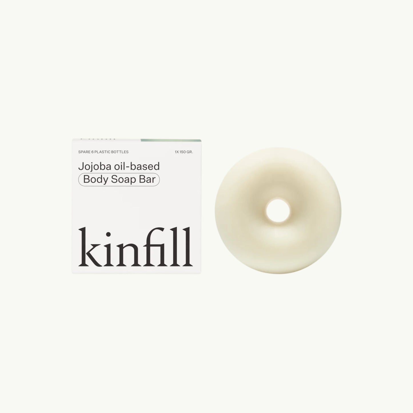 Kinfill Velvet Verveine body soap bar with its white minimalist packaging on a light beige background.