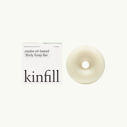 Kinfill Velvet Verveine body soap bar with its white minimalist packaging on a light beige background.