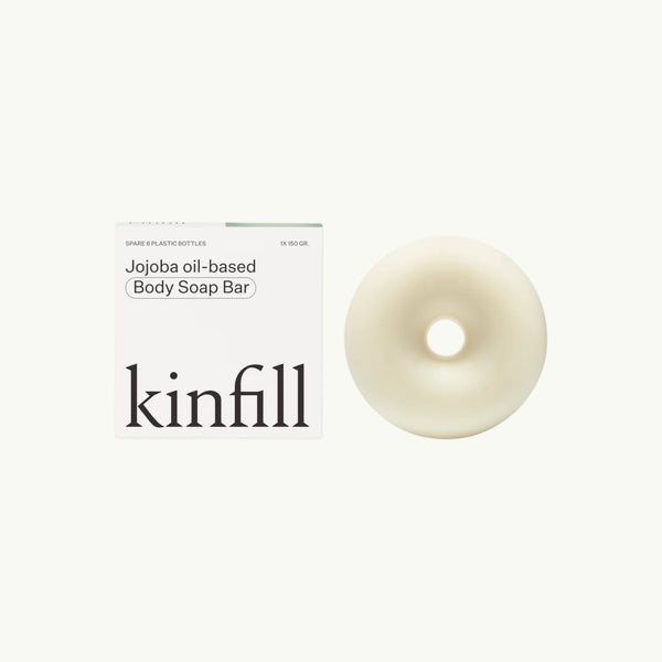 Kinfill Velvet Verveine body soap bar with its white minimalist packaging on a light beige background.