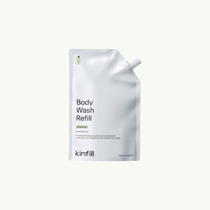 Kinfill 500ml body wash refill pouch in Bergamote scent with minimalist white packaging design.