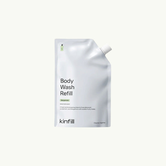 Kinfill 500ml body wash refill pouch in Bergamote scent with minimalist white packaging design.