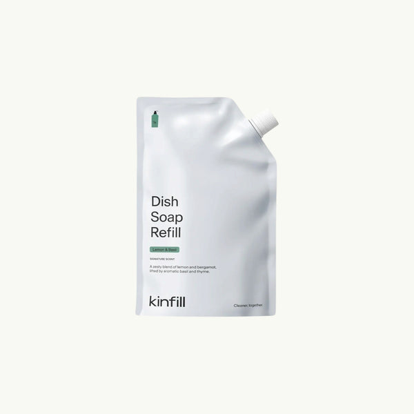 Kinfill 500ml lemon and basil dish soap refill pouch in white packaging with minimalist typography.