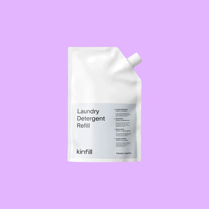 kinfill laundry detergent refill pouch in white with minimalist black text for aloe and white tea scented formula