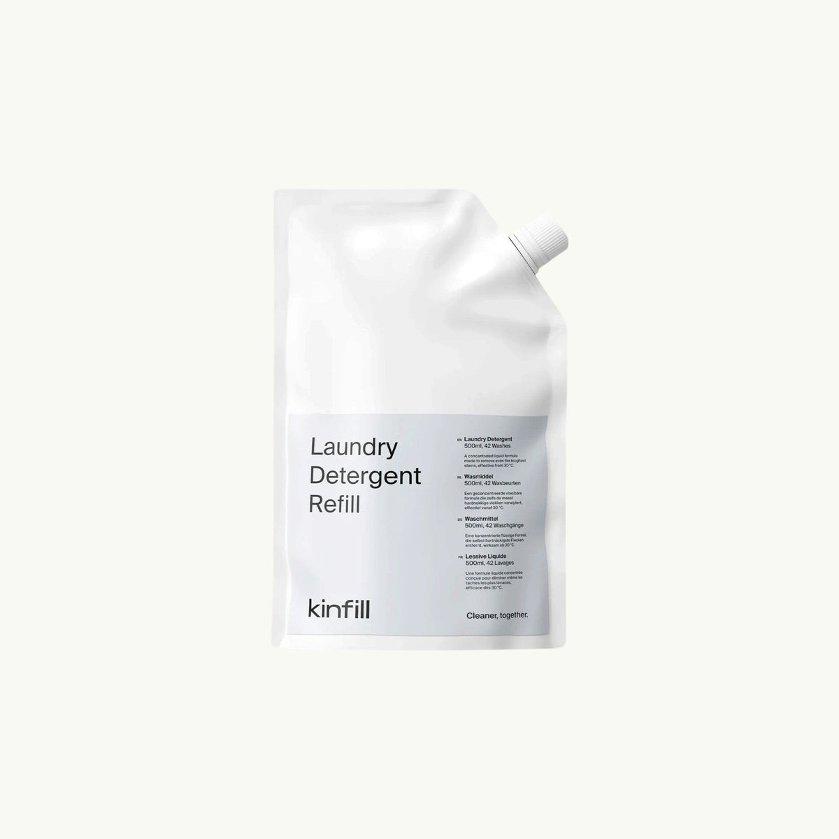 Kinfill laundry detergent refill pouch in white with minimalist black text for aloe and white tea scent.