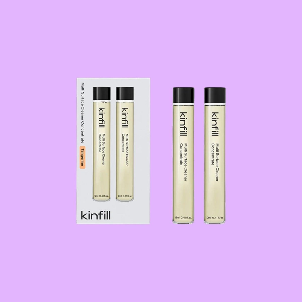 Kinfill multi surface cleaner refill vials in tangerine scent, featuring two concentrated glass vials.