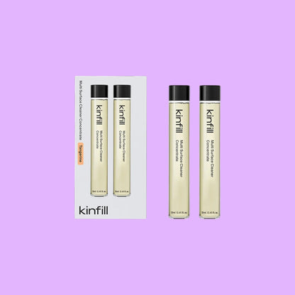 Kinfill multi surface cleaner refill vials in tangerine scent, featuring two concentrated glass vials.