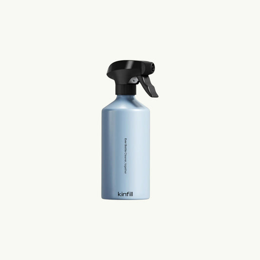 Kinfill light blue refillable spray bottle with a black trigger nozzle for household cleaning solutions