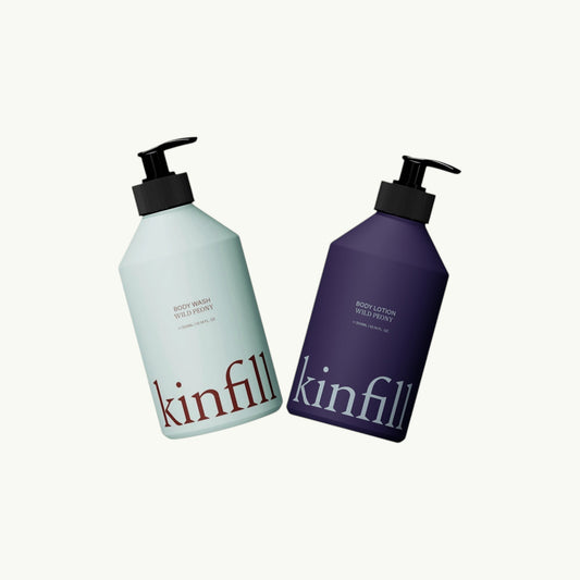 Kinfill body wash and lotion duo in refillable pump bottles with Wild Peony scent for sensitive skin