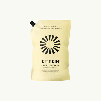 Kit & Kin eco-friendly toilet cleaner refill pouch with pine and cedarwood scent in a sustainable plastic bag